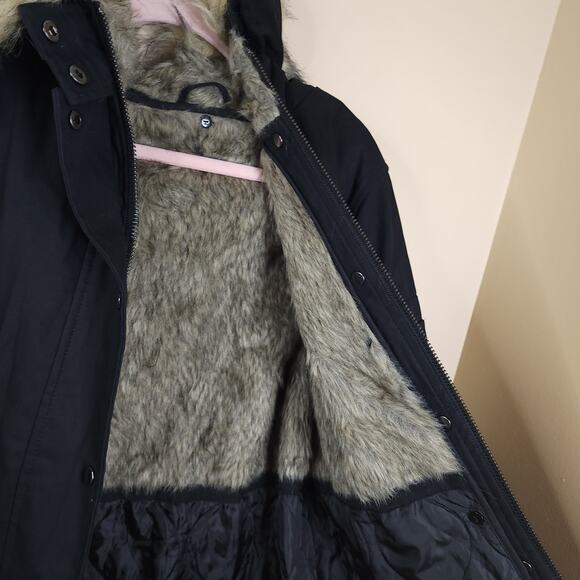 ASOS Faux Fur Hood Drawstring Parka Coat in Black Size 6 - Picture 12 of 15